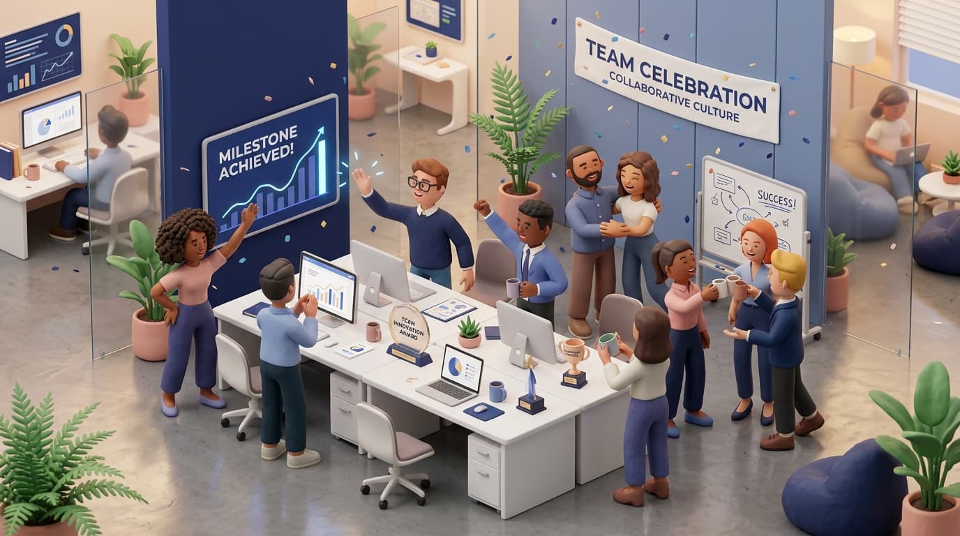 Akshar Group Technologies team celebration and collaborative culture in 3D clay aesthetic