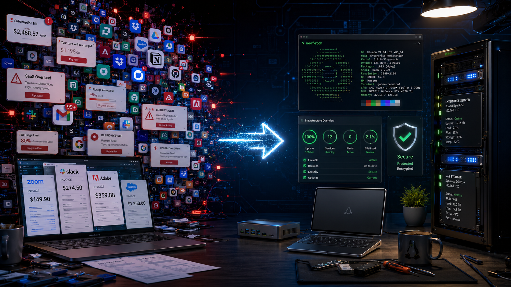 Futuristic desk scene with a wall of floating app icons and alerts streaming toward a glowing arrow, next to a server rack and multiple monitors displaying dashboards.