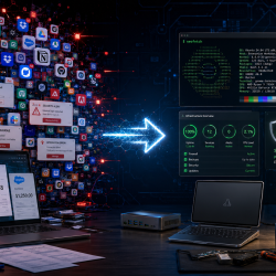 Futuristic desk scene with a wall of floating app icons and alerts streaming toward a glowing arrow, next to a server rack and multiple monitors displaying dashboards.